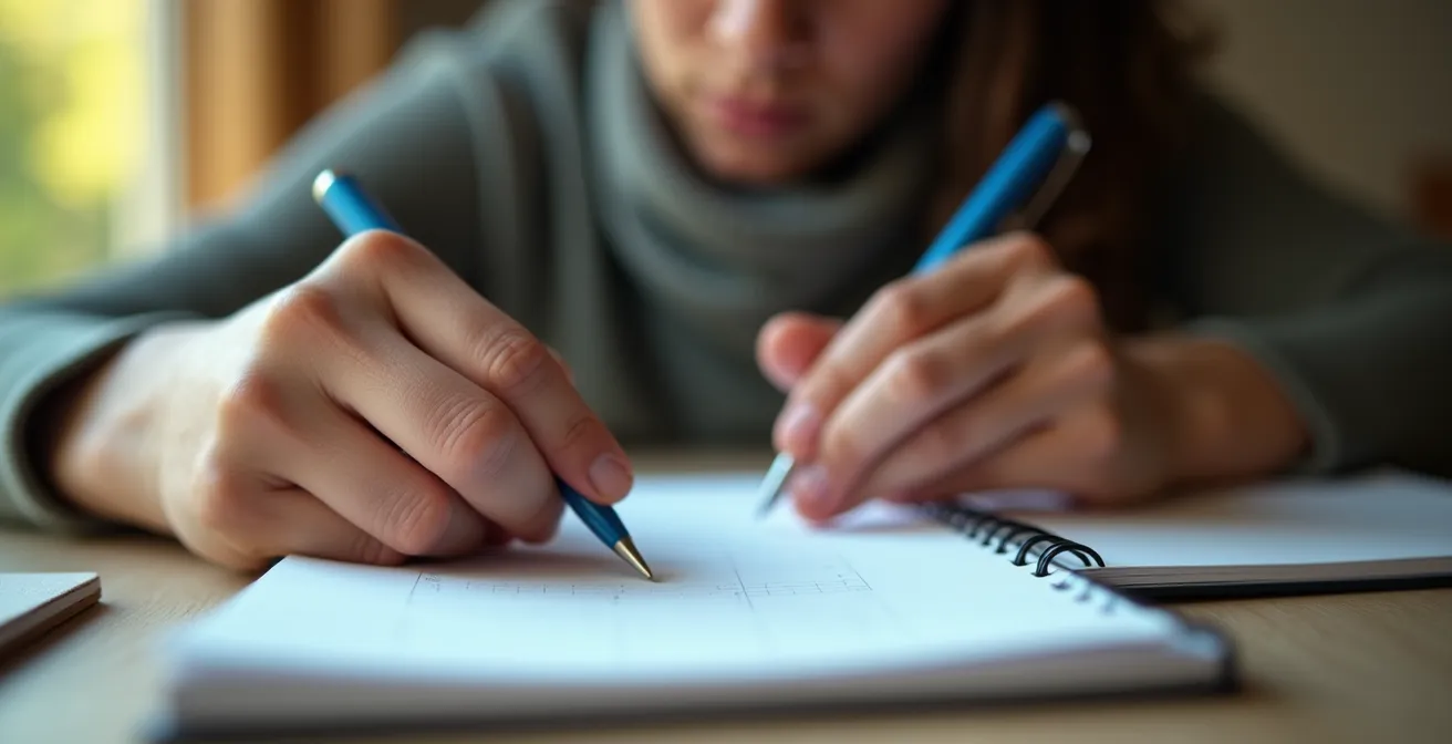 Gros plan sur les mains d'un étudiant complétant un questionnaire d'auto-évaluation